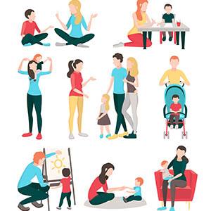 Babysitters people flat images collection with isolated human characters of young family members children and nurses vector illustration